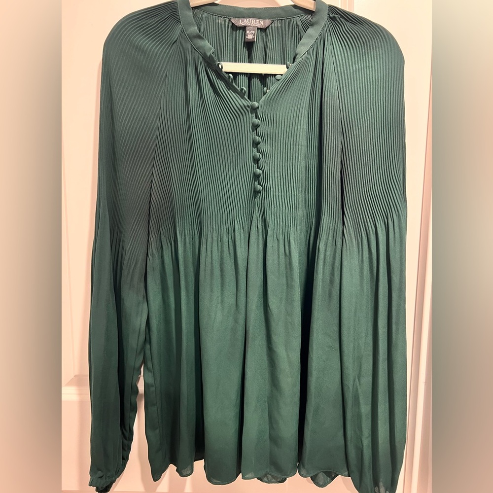 Lauren Ralph Lauren Pleated Georgette Blouse - hunt club green (XL)